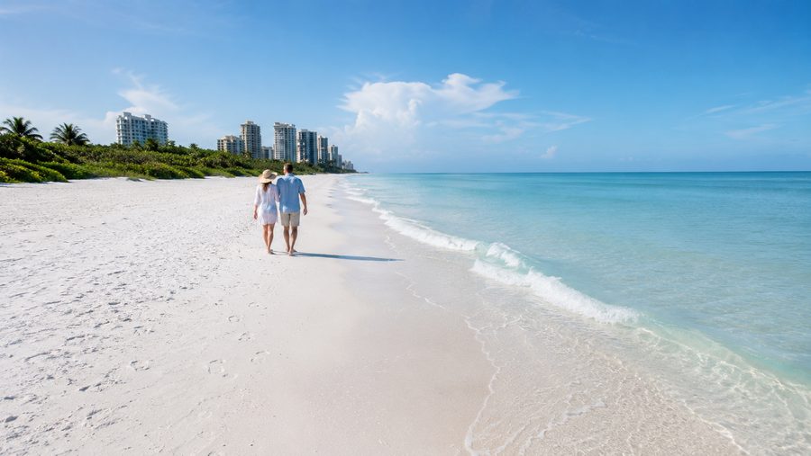Couple walking the shoreline at Vanderbilt Beach
